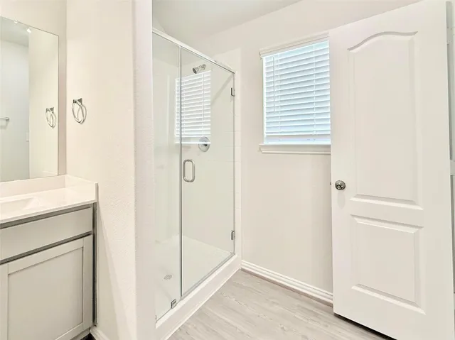 a bathroom with a shower and a sink