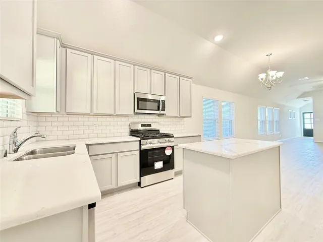 a kitchen with a sink white cabinets and stainless steel appliances