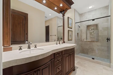 an aerial view of a house with a yard and a large tree