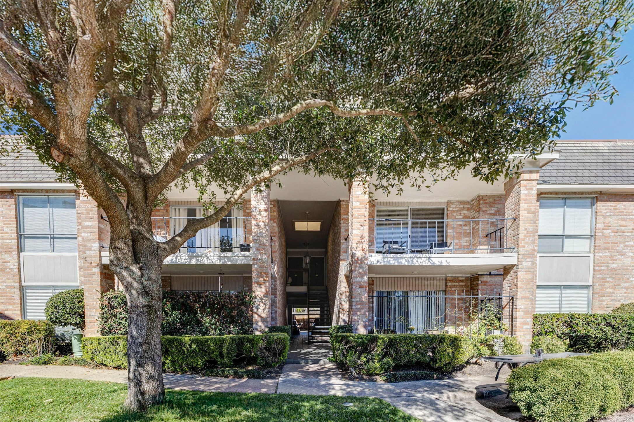 2234 South Piney Point Road, Unit 110 Houston, TX 77063 - Photo 5 of 25 Welcoming entrance flanked by neatly trimmed shrubs and a large tree providing shade. The building features balconies and large windows, offering a bright and airy atmosphere.
