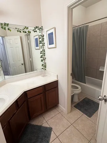 a bathroom with a double vanity sink toilet and shower