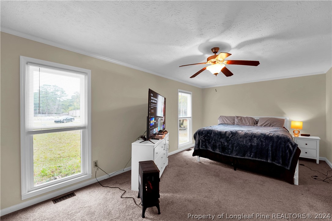 480 Rockfish Road Raeford, NC 28376 - Photo 23 of 30 a bedroom with a bed and a chandelier