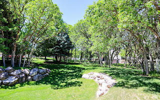 578 High Bench Road Alpine, UT 84004 - Photo 15 of 39 Lush green lawn surrounded by mature deciduous trees, a large evergreen tree, and decorative rock landscaping