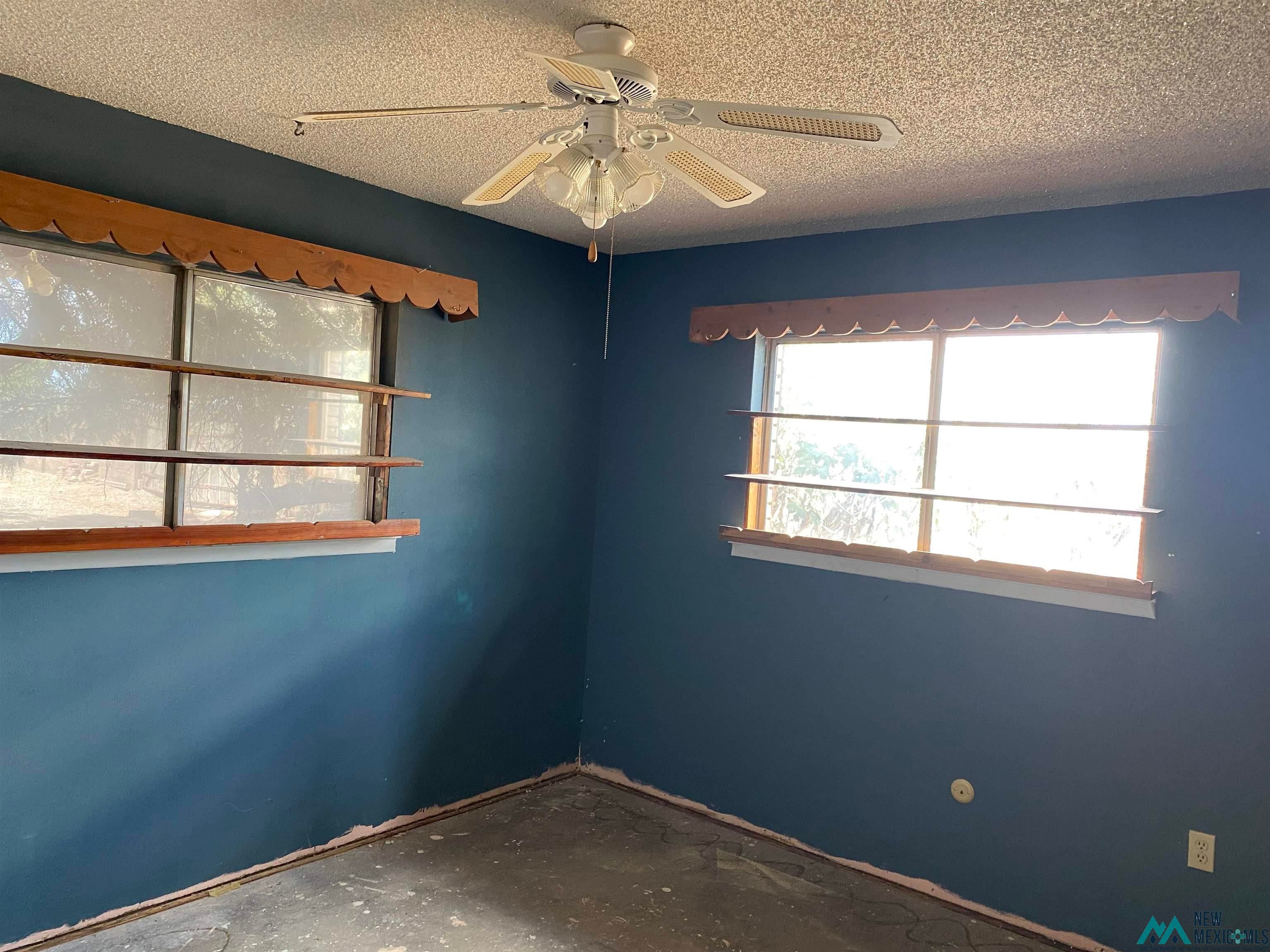 5985 Charolais Road Deming, NM 88030 - Photo 13 of 22 Room featuring blue painted walls, two windows with wooden valances, and a ceiling fan with light fixture