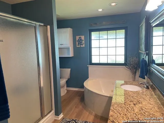 a bathroom with a granite countertop bathtub a toilet and a shower