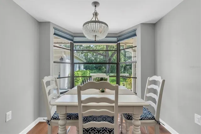 a view of a dining room with furniture window and outside view