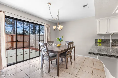 a view of a dining room with furniture window and outside view