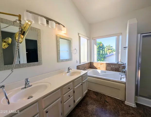 a bathroom with a double vanity sink a mirror and a shower