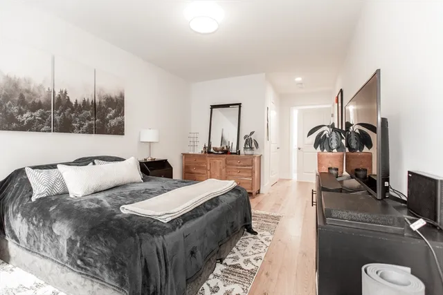 a bed room with a bed and a television