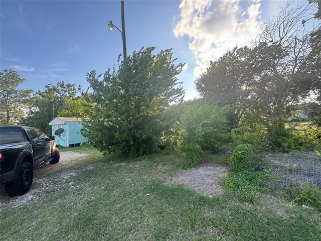 a view of a backyard with couches and trees