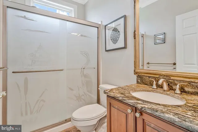a bathroom with a granite countertop sink toilet and shower