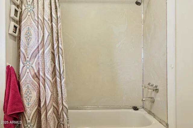 a bathroom with a bathtub and a shower curtain