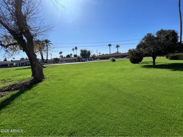 a view of a field of grass and trees