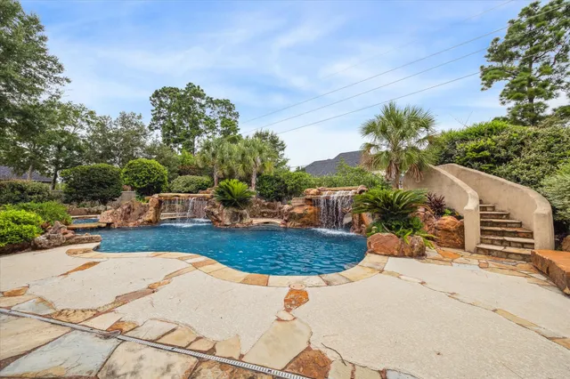 a view of a backyard with plants and a patio