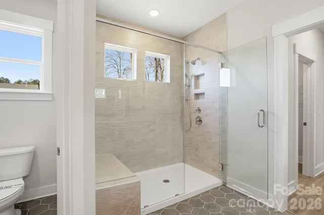 a bathroom with a shower and a toilet