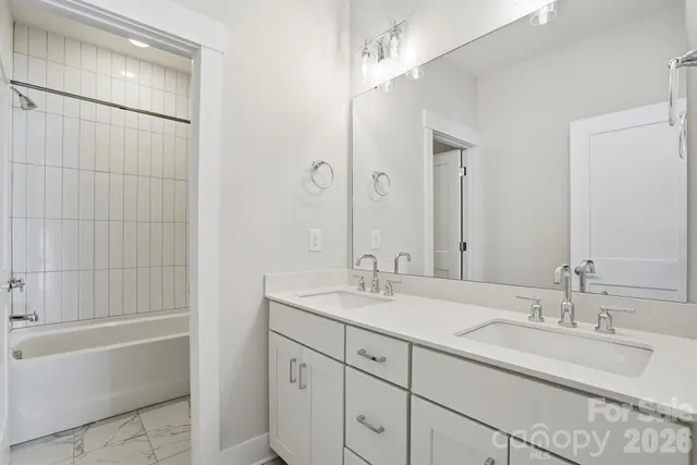 a bathroom with a double vanity sink mirror and shower