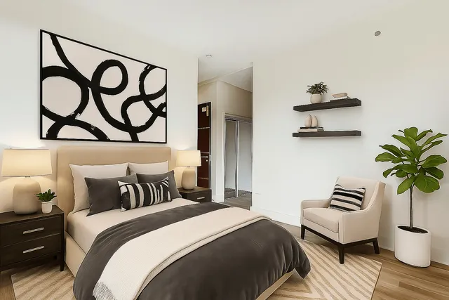 a bedroom with a bed and a potted plant