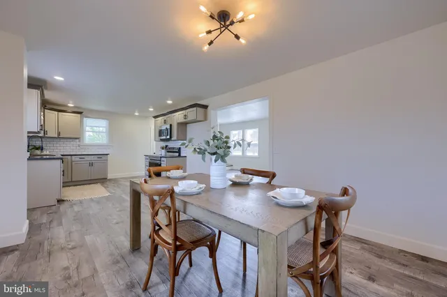 a view of a dining room with furniture