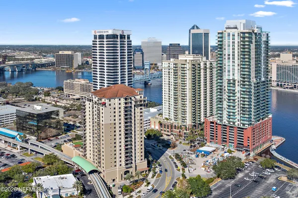 a city view with tall buildings