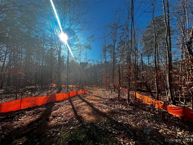 a view of a dry yard with wooden fence and trees