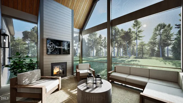 a outdoor space with patio fireplace couches and a fireplace