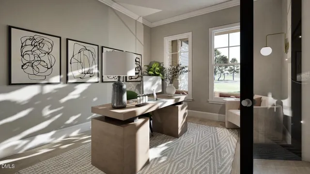 a living room with furniture a table and large windows