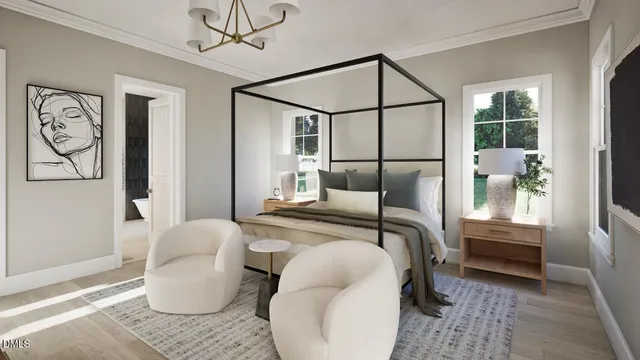 a bedroom with a bed a couch and dresser