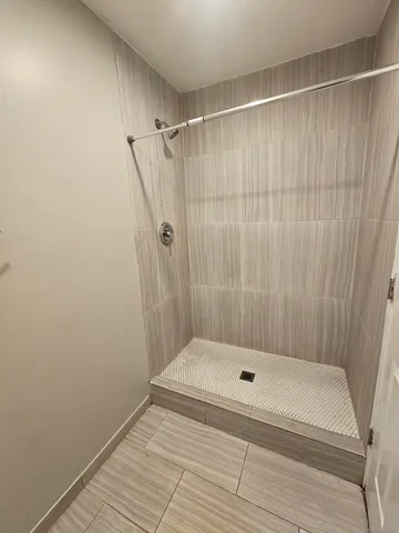 a bathroom with a shower and a toilet