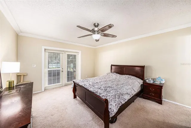 a living room with a bed furniture and a large window