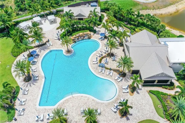 an aerial view of a swimming pool