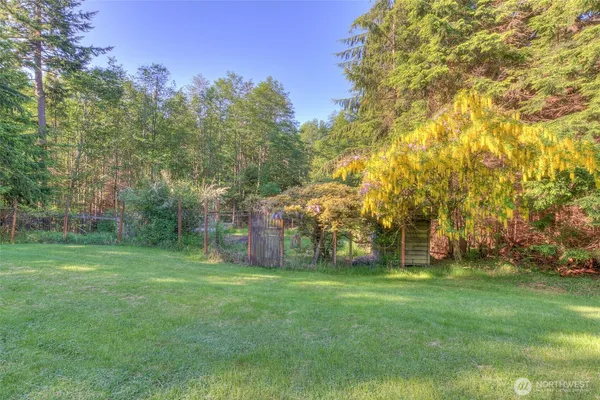 a view of a large yard with lots of green space