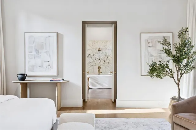 a living room with furniture and a potted plant
