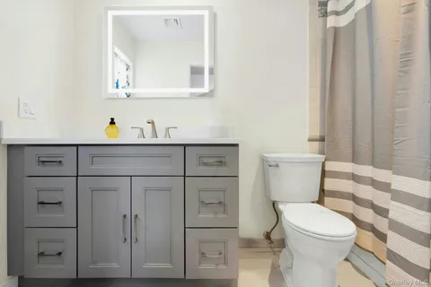 a bathroom with a toilet a sink a vanity and mirror