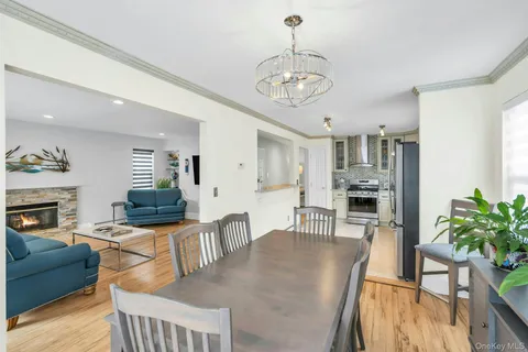 a view of a dining room with furniture wooden floor and chandelier