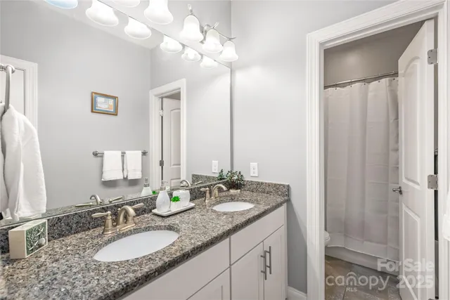 a bathroom with a shower curtain and a bathtub