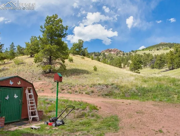 a view of a garden with a fountain