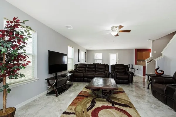 a view of a dining room with furniture
