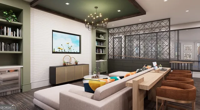 a work room with furniture and a chandelier