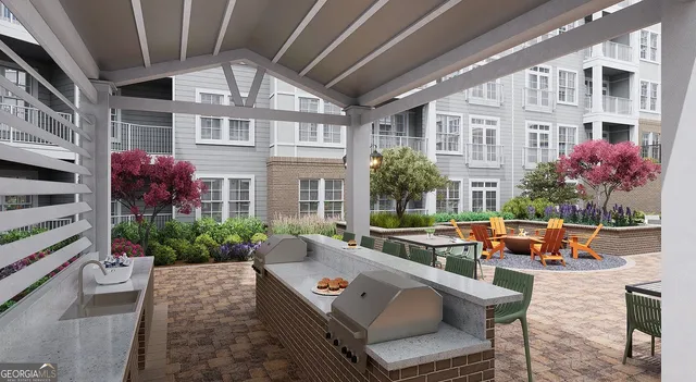 a view of a building with sitting area