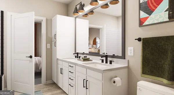 a bathroom with a double vanity sink and mirror