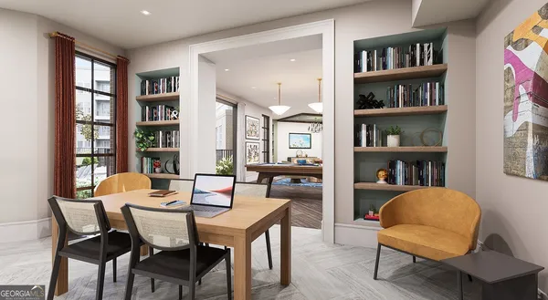 a dining room with furniture and a book shelf