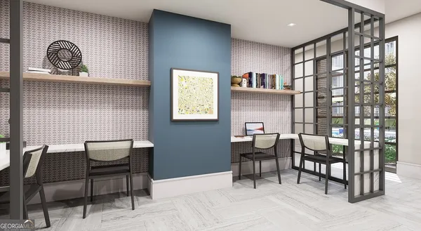 a dining room with furniture and window