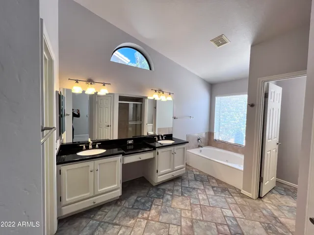 a bathroom with a sink a large mirror and a bathtub