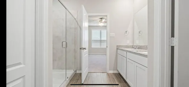 a bathroom with a sink and a mirror