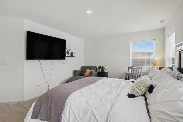 a bedroom with a bed and a flat screen tv