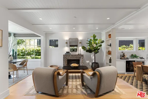 a living room with furniture potted plant and a fireplace
