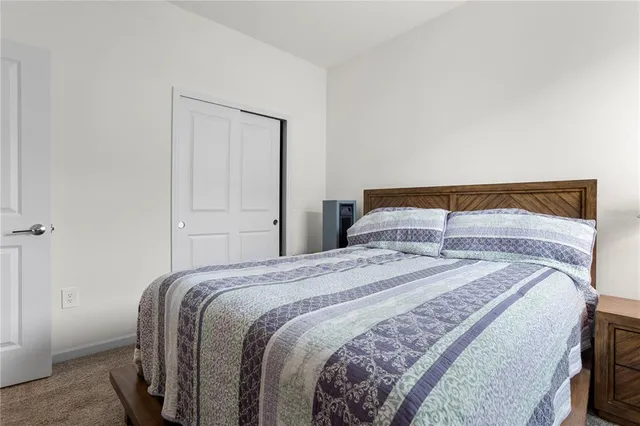 a bedroom with a bed and a closet