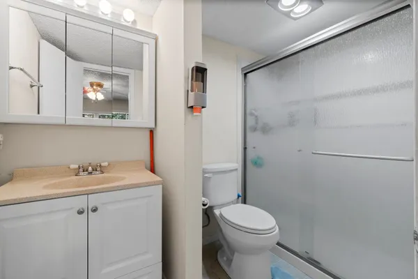 a bathroom with a sink a mirror a toilet and shower