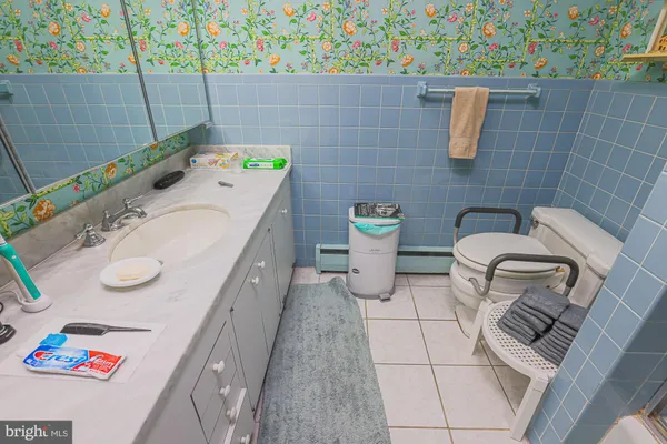 a bathroom with a sink mirror vanity and toilet