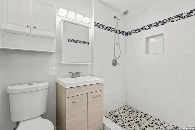 a bathroom with a sink a toilet and shower
